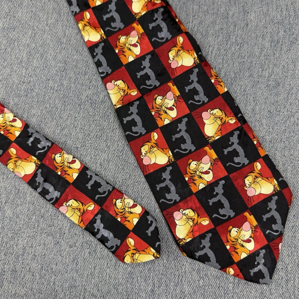 Disney Store Tigger Neck Tie Character Italy Silk Red Orange Black Checker 58"